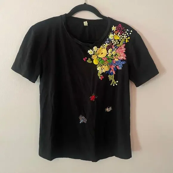 Anthropologie Black Floral Embroidered Tee - Picture 1 of 8